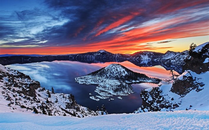 oregon, crater lake, oregón, isla, lago del cráter, estados unidos, invierno, puesta de sol