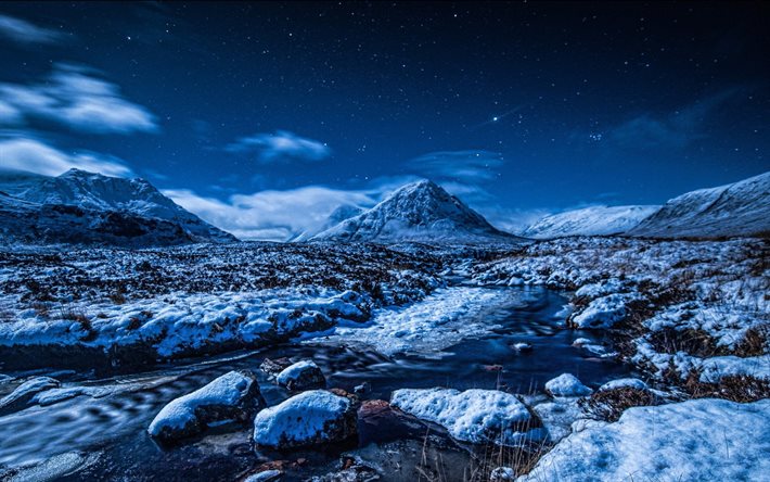 starry sky, river, winter, night, mountains