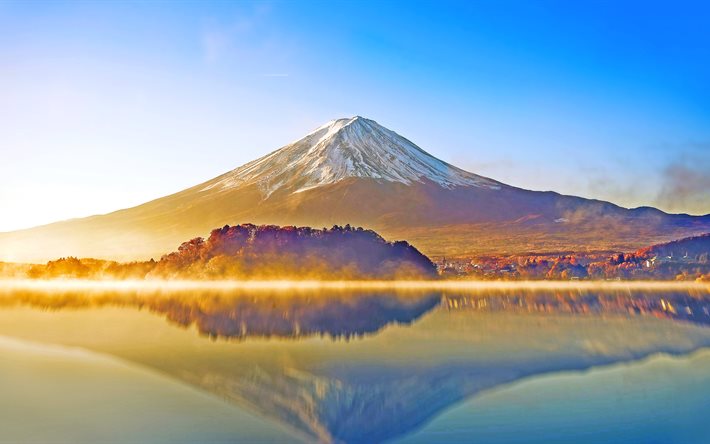 富士山, 4k, 成層火山, 朝, 本州島, 日本