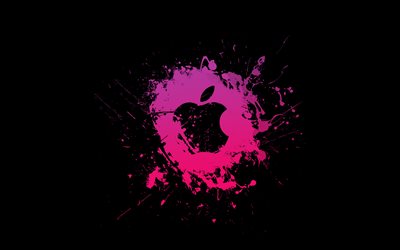 logo apple viola, 4k, minimalismo, creativo, schizzi di grunge viola, marchio della mela grunge, logo della mela, opera d'arte, mela