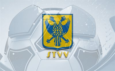 Sint-Truidense VV glossy logo, 4K, blue football background, Jupiler Pro League, soccer, belgian football club, Sint-Truidense VV 3D logo, Sint-Truidense VV emblem, Sint-Truidense FC, football, sports logo, STVV, Sint-Truidense VV