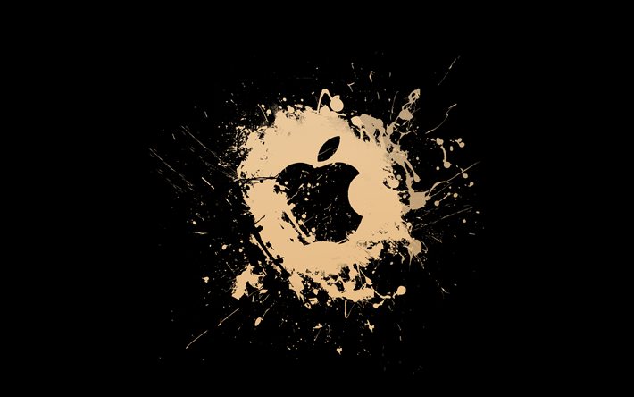 アップルブラウンのロゴ, 4k, ミニマリズム, クリエイティブ, 茶色のグランジ水しぶき, アップル グランジ ロゴ, アップルのロゴ, アートワーク, アップル