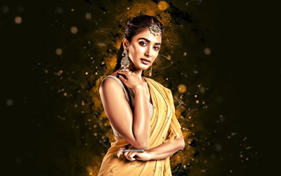 pooja hegde, 4k, luci al neon gialle, attrice indiana, bollywood, stelle del cinema, creativo, foto con pooja hegde, sari, celebrità indiana, pooja hegde 4k