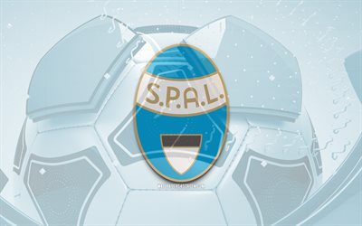 spal の光沢のあるロゴ, 4k, 青いサッカーの背景, セリエb, サッカー, イタリアのサッカー クラブ, スパル 3d ロゴ, スパルの紋章, スパルfc, フットボール, スポーツのロゴ, スパル