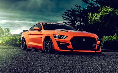 ford mustang gt, 4k, supersportwagen, 2022 autos, muskelautos, lowrider, orangefarbener ford mustang, 2022 ford mustang gt, amerikanische autos, hdr, ford