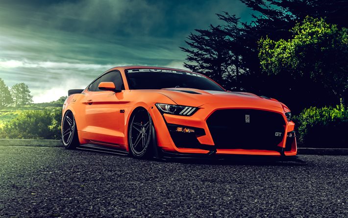 ford mustang gt, 4k, supercarros, 2022 carros, carros musculosos, lowriders, ford mustang laranja, ford mustang gt 2022, carros americanos, hdr, ford