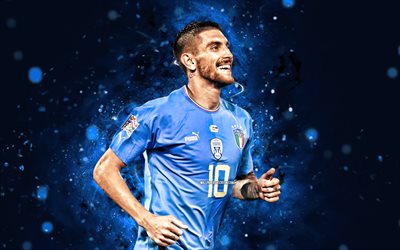 Lorenzo Pellegrini, 4k, blue neon lights, Italy National Football Team, soccer, footballers, blue abstract background, Italian football team, Lorenzo Pellegrini 4K