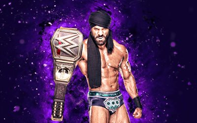Jinder Mahal, 4k, violet neon lights, WWE, Canadian wrestlers, wrestling, Jinder Mahal with belt, Yuvraj Singh, violet abstract background, wrestlers, Jinder Mahal 4K