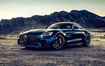 Mercedes-AMG GT R Coupe, 4k, offroad, 2022 cars, supercars, HDR, Blue Mercedes-AMG GT R Coupe, german cars, Mercedes