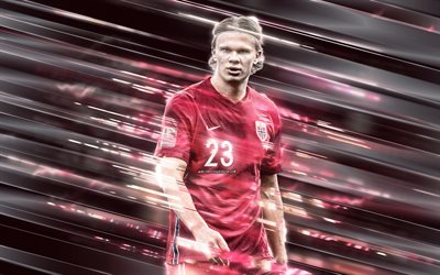 erling haaland, nazionale di calcio della norvegia, calciatore norvegese, arte creativa, haaland, linee lame art, norvegia, sfondo rosso, calcio, erling braut haland