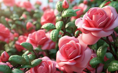 핑크 장미, 아름다운 꽃들, 꽃밭, 장미, 분홍색 장미가있는 배경, 분홍색 꽃
