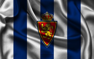 4k, شعار zaragoza الحقيقي, نسيج حرير أبيض أزرق, فريق كرة القدم الإسباني, قسم سيجوندا, حقيقية زرقسزا, إسبانيا, كرة القدم, علم zaragoza الحقيقي