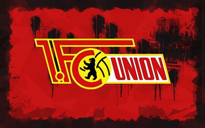 fc union berlin grunge logosu, 4k, bundesliga, kırmızı grunge arka plan, futbol, fc union berlin amblemi, fc union berlin logosu, fc union berlin, alman futbol kulübü, union berlin fc
