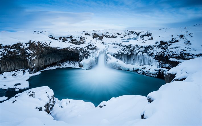 cascada de aldeyjarfoss, invierno, nieve, aldeyjarfoss, lago glacial, tierras altas de islandia, noche, paisaje invernal, islandia