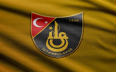 Istanbulspor fabric logo, 4k, yellow fabric background, Super Lig, bokeh, soccer, Istanbulspor logo, football, Istanbulspor emblem, Istanbulspor AS, turkish football club, Istanbulspor FC