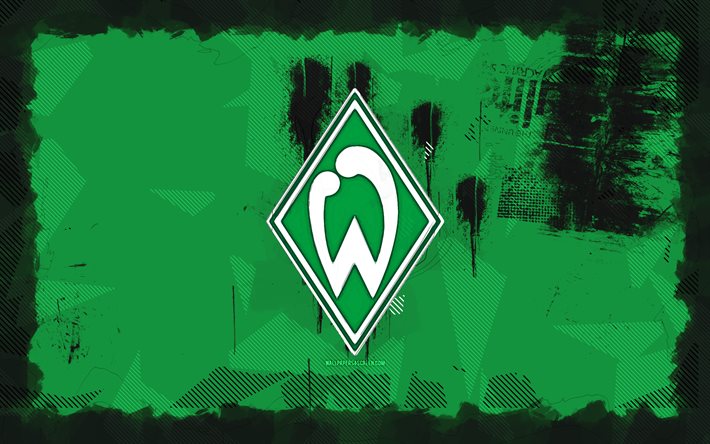 Werder Bremen grunge logo, 4k, Bundesliga, green grunge background, soccer, Werder Bremen emblem, football, Werder Bremen logo, Werder Bremen, german football club, Werder Bremen FC