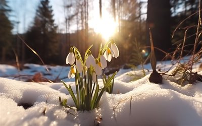 snowdrops, morning, snow, spring, forest, winter landscape, first flowers