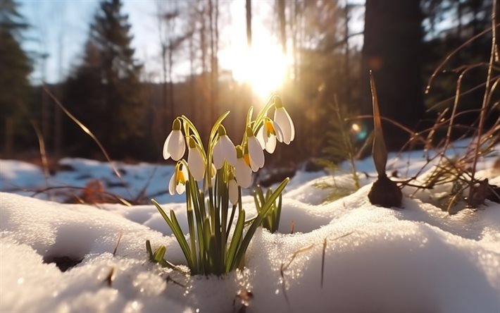 snödroppar, morgon, snö, vår, skog, vinterlandskap, första blommor