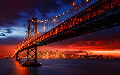 ゴールデンゲートブリッジ, 4k, hdr, 日没, アメリカのランドマーク, サンフランシスコ, カリフォルニア, アメリカ合衆国, アメリカ, 橋, アメリカの都市, サンフランシスコシティスケープ