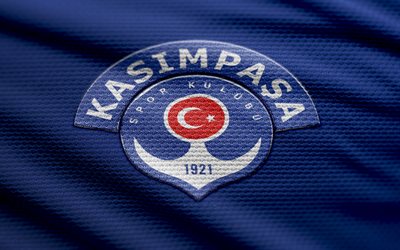 Kasimpasa fabric logo, 4k, blue fabric background, Super Lig, bokeh, soccer, Kasimpasa logo, football, Kasimpasa emblem, Kasimpasa, turkish football club, Kasimpasa FC