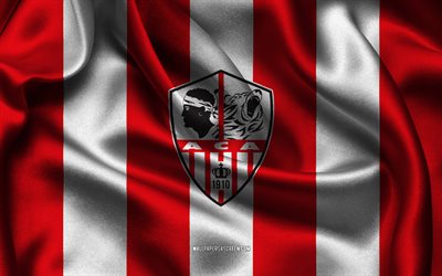 4k, ac ajaccio logo, rot weiß seidenstoff, französische fußballmannschaft, ac ajaccio emblem, ligue 2, ac ajaccio, frankreich, fußball, ac ajaccio flag
