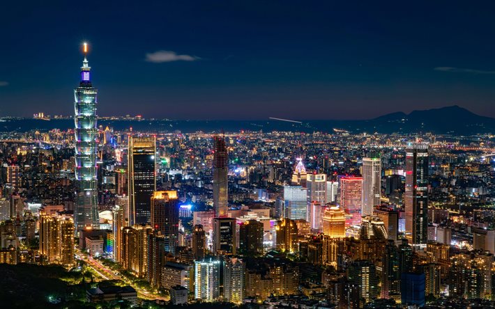 taipei 101, 4k, yökuvat, pilvenpiirtäjät, taiwanilainen maamerkit, metropoli, taipei, taiwan, kiina, aasia, taipein kaupunkikuva, taipei panoraama