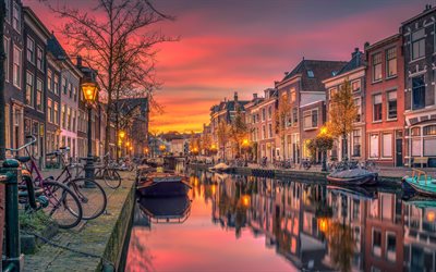 amsterdam, akşam, gün batımı, kanallar, güzel evler, amsterdam cityscape, turuncu gökyüzü, hollanda