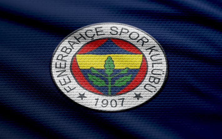 logotipo de tecido fenerbahce, 4k, fundo de tecido azul, super lig, bokeh, futebol, logotipo fenerbahce, emblema fenerbahce, fenerbahce, clube de futebol turco, fenerbahce fc