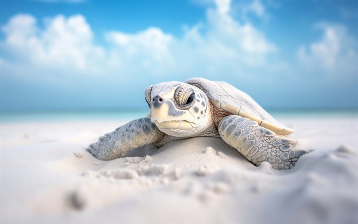 kilpikonna hiekalla, ranta, valtameri, trooppiset saaret, kilpikonnat, suuri estealue, söpö eläimet, pieni kilpikonna