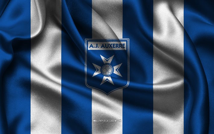 4k, aj auxerreロゴ, 青い白い絹の布, フランスのサッカーチーム, aj auxerre emblem, リーグ2, aj auxerre, フランス, フットボール, aj auxerreフラグ