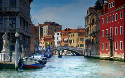 veneza, 4k, gôndolas, casas, canal, itália