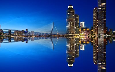 Rotterdam, 4k, Erasmus Köprüsü, gece, gökdelenler, Hollanda