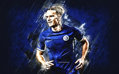 Mykhailo Mudryk, Chelsea FC, Ukrainian football player, blue stone background, Ukraine, football, England, Premier League