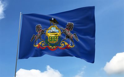 bandera de pensilvania en la bandera, 4k, estados americanos, cielo azul, bandera de pensilvania, banderas de satén ondulados, nuestros estados, asta de bandera con banderas, estados unidos, día de pensilvania, eeuu, pensilvania