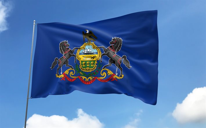 Pennsylvania flag on flagpole, 4K, american states, blue sky, flag of Pennsylvania, wavy satin flags, Pennsylvania flag, US States, flagpole with flags, United States, Day of Pennsylvania, USA, Pennsylvania