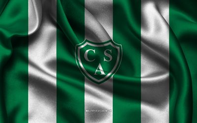 4k, club atletico sarmiento logo, зеленый weißer seidenstoff, argentinische fußballmannschaft, club atletico sarmiento emblem, argentinien primera division, club atletico sarmiento, argentinien, fußball, club atletico sarmiento flagge
