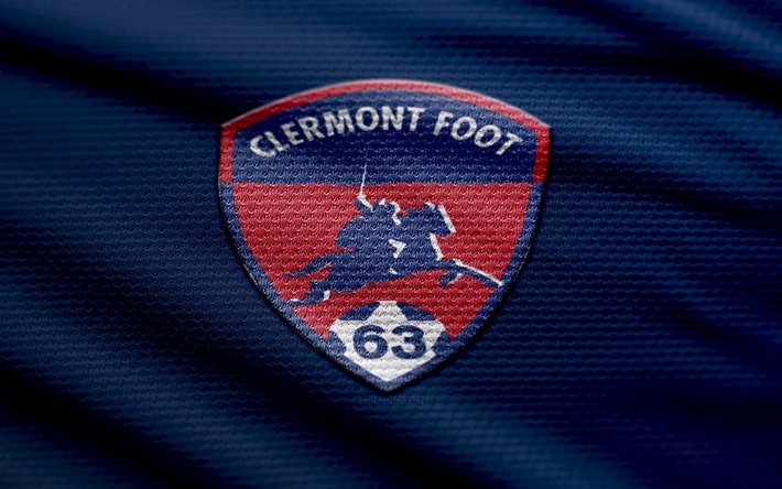 clermont foot 63 패브릭 로고, 4k, 파란색 직물 배경, 리그 1, 보케, 축구, clermont foot 63 로고, clermont foot 63 emblem, clermont foot 63, 프랑스 축구 클럽, clermont foot 63 fc