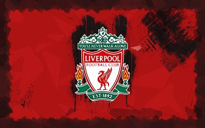 Liverpool FC grunge logo, 4k, Premier League, red grunge background, soccer, Liverpool FC emblem, football, Liverpool FC logo, english football club, Liverpool FC