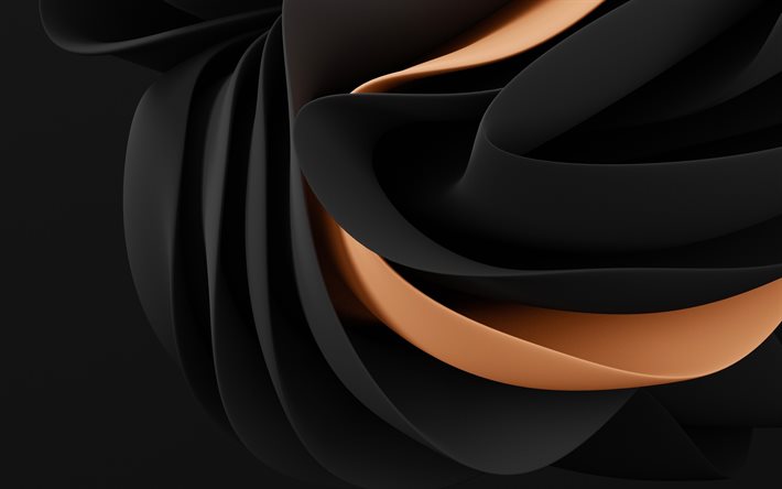 黒い3d波, 4k, クリエイティブ, アートワーク, 曲線, 暗い背景, 3dアート, 波の背景, 3d波