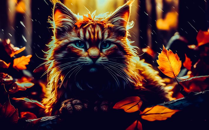 gato desenhado, outono, folhas amarelas, folhas de outono, gatos, animais fofos, gatos art, gato vermelho