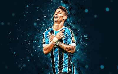 Ferreira, 4k, blue neon lights, Gremio FC, Brazilian Serie A, brazilian footballers, Ferreira 4K, football, soccer, blue abstract background, Gremio FBPA, Ferreira Gremio
