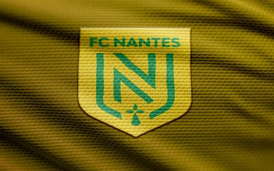 FC Nantes fabric logo, 4k, green fabric background, Ligue 1, bokeh, soccer, FC Nantes logo, football, FC Nantes emblem, FC Nantes, french football club, Nantes FC