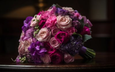 bouquet de roses nuptiales, bouquet de mariage, roses roses, roses violettes, pivoine, bouquet de roses, idée pour un bouquet pour la mariée