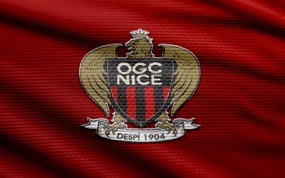 ogc nice in tessuto logo, 4k, sfondo in tessuto rosso, ligue 1, bokeh, calcio, ogc nice logo, ogc nice emblema, ogc nice, club di calcio francese, bel fc