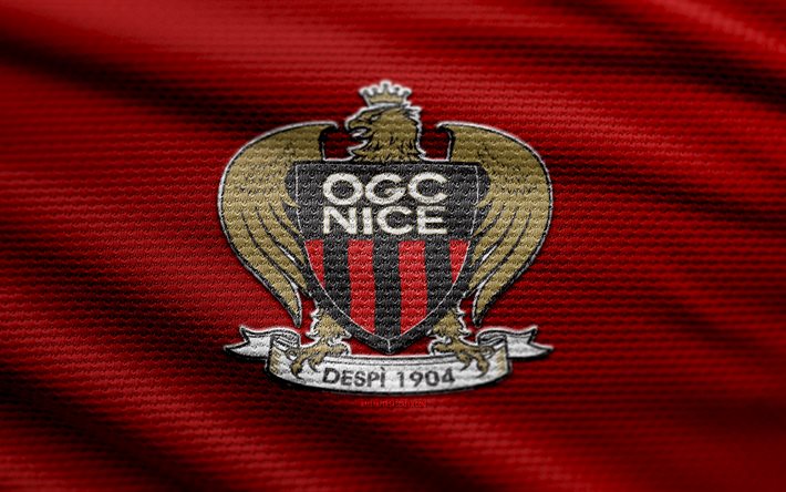 logotipo de tecido legal ogc, 4k, fundo de tecido vermelho, ligue 1, bokeh, futebol, ogc bom logotipo, ogc nice emblem, ogc legal, clube de futebol francês, bom fc