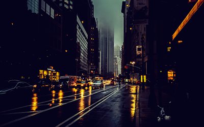 new york, sera, strade, taxi, grattacieli, piovere, autunno, new york cityscape, taxi di new york, stati uniti d'america