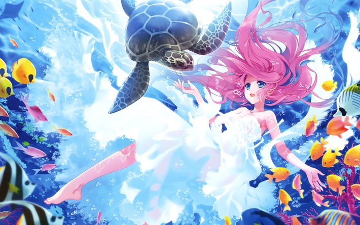 kawaii, 4k, debaixo d água, sereia, tartaruga, peixe, cabelo rosa