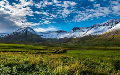 islândia, montanhas, nuvens, céu, prados, verão