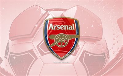 Arsenal FC glossy logo, 4K, red football background, Premier League, soccer, english football club, Arsenal FC 3D logo, Arsenal FC emblem, Arsenal FC, football, sports logo, Arsenal