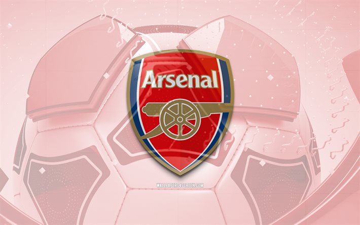Arsenal FC glossy logo, 4K, red football background, Premier League, soccer, english football club, Arsenal FC 3D logo, Arsenal FC emblem, Arsenal FC, football, sports logo, Arsenal